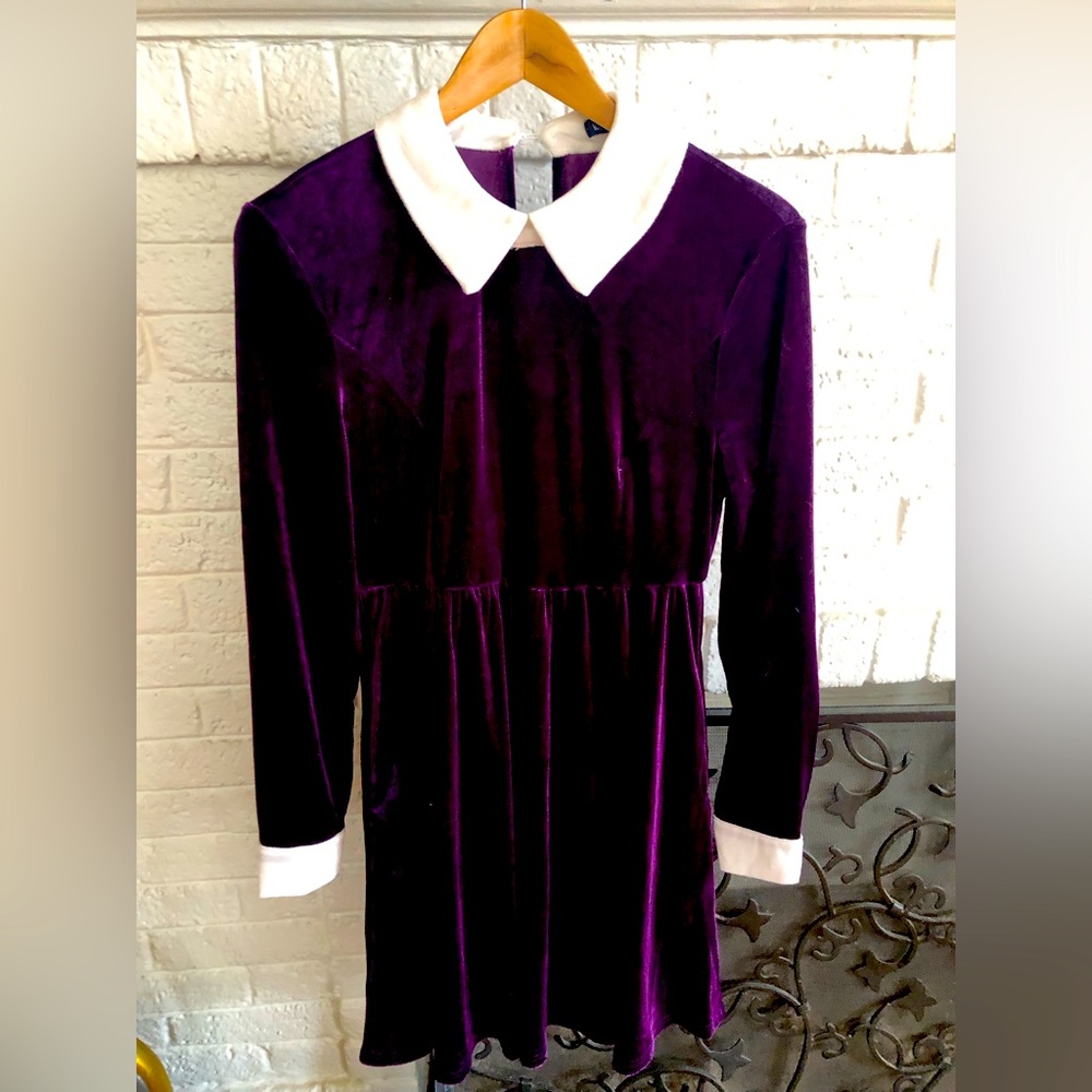 Wednesday Adams purple velvet collared dress sz M stretchy cosplay costume NICE